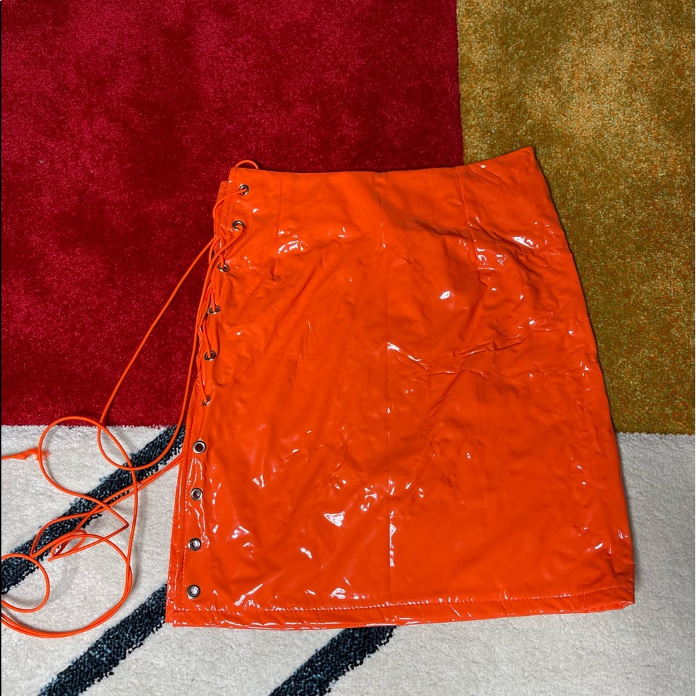 Orange Vinyl Lace Up Skirt